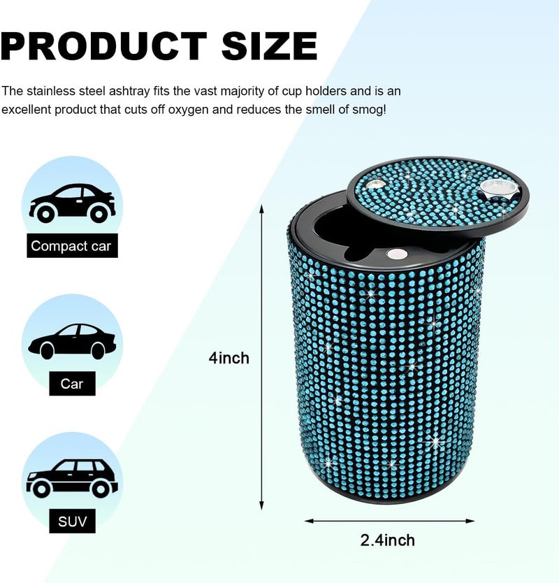 SHMZK Car Cigarette Ashtray with Lid, Stainless Steel Bling Crystal Diamond Smokeless Fireproof Vehicle Ashtray Holder, Portable Sparkling Ashtray Cup Holder for Car Home Office (Blue) - Image 2